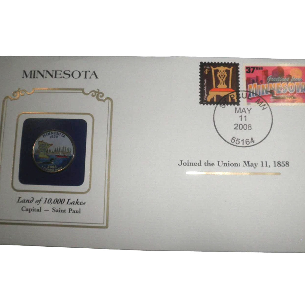 MINNESOTA COLORIZED QUARTER & FIRST DAY COVER BY POSTAL COMMEMORATIVE SOCIETY